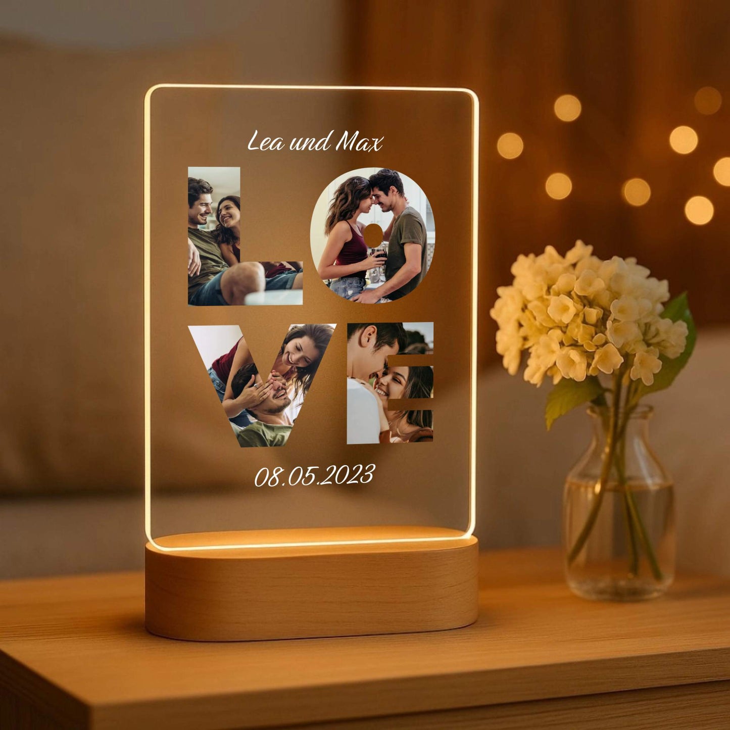 Love - Personalisiertes Nachtlicht mit LED-Holzfuß (14x20)