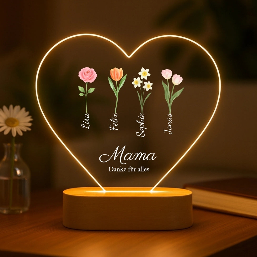 Cadeau pour maman avec fleurs et nom, veilleuse personnalisée en forme de cœur avec base en bois LED (16 x 15)