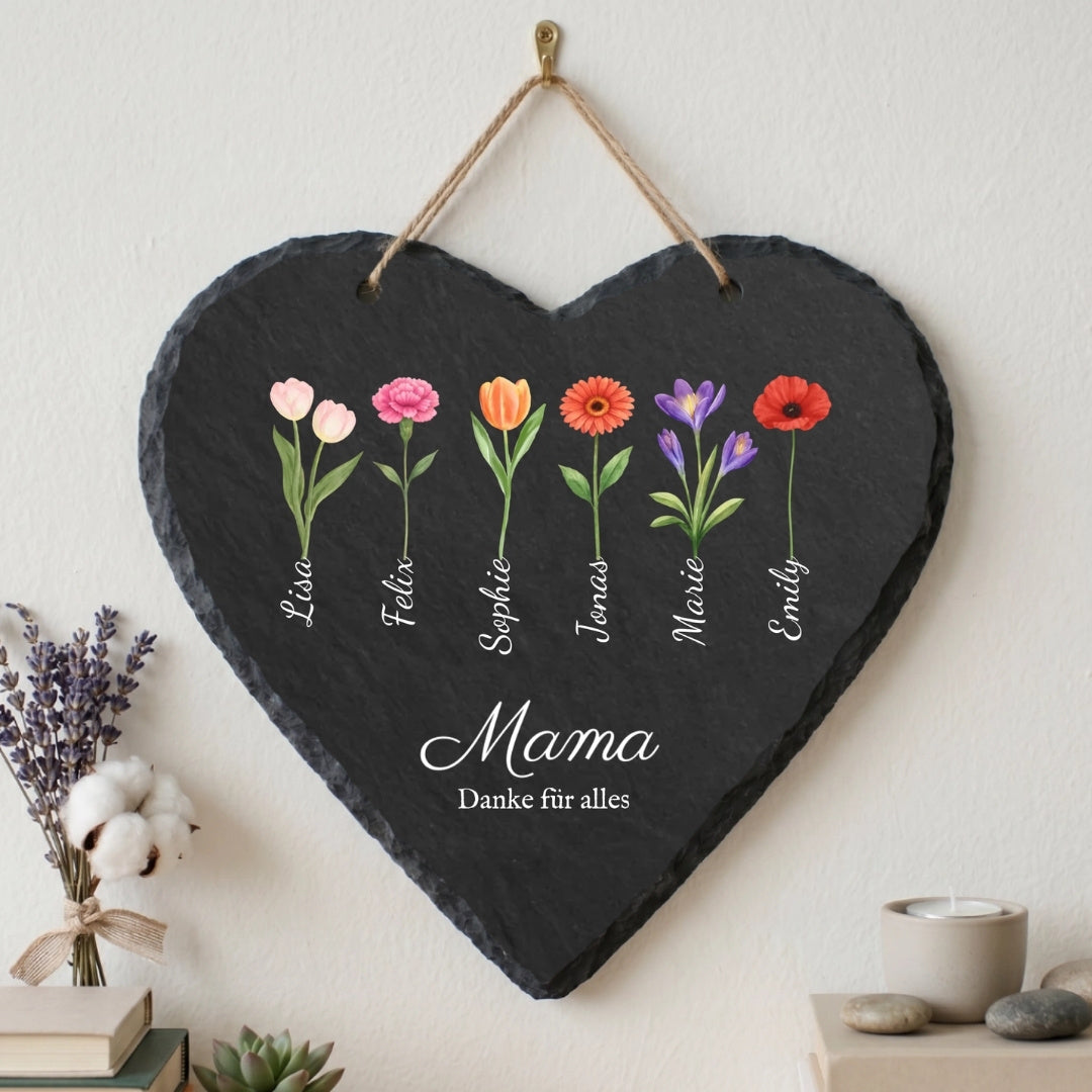 Mama Geschenk mit Blumen und Namen - Personalisiertes Schieferherz (18x18)