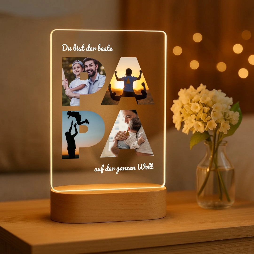 Bester Papa - Personalisiertes Nachtlicht mit LED-Holzfuß (14x20)