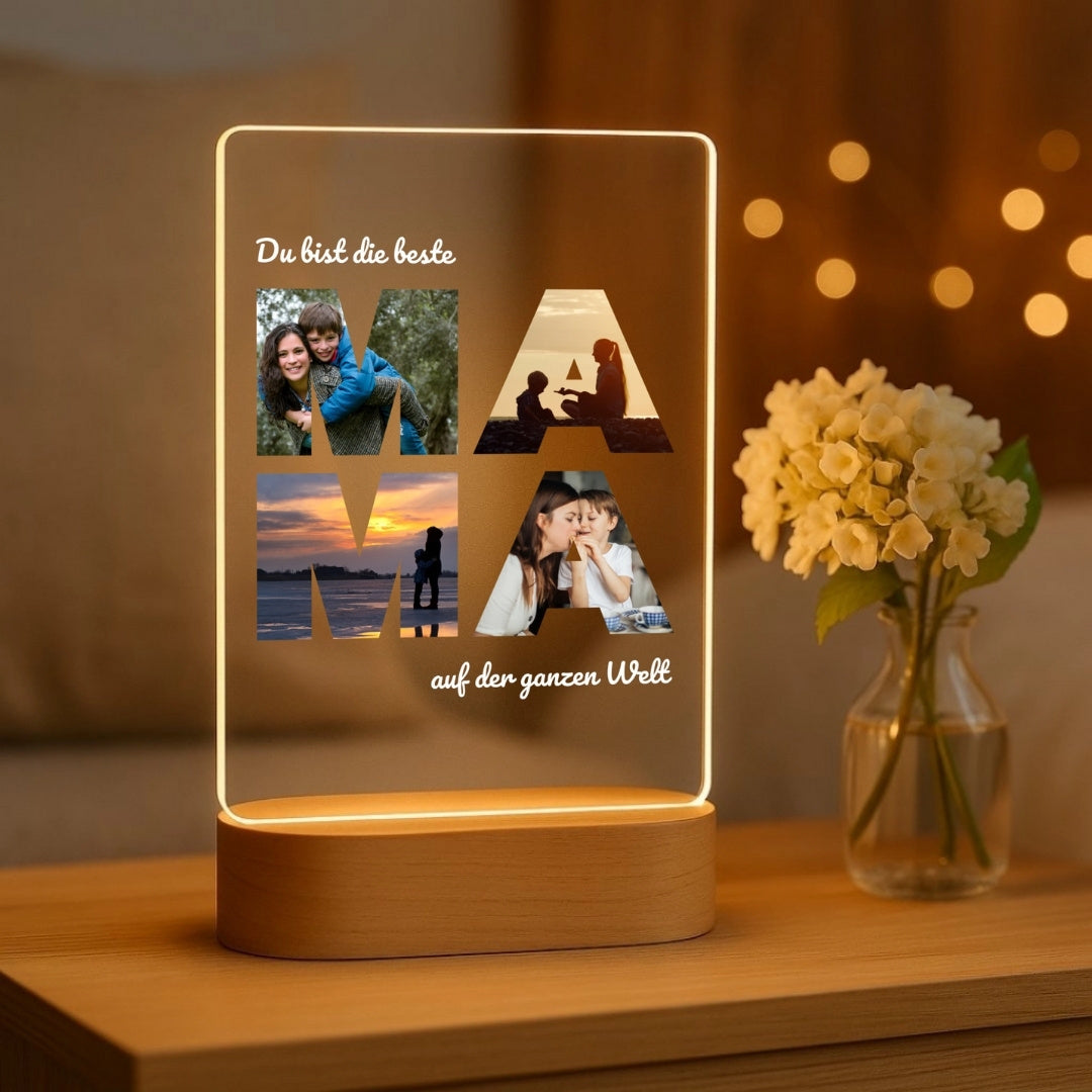 Beste Mama - Personalisiertes Nachtlicht mit LED-Holzfuß (14x20)