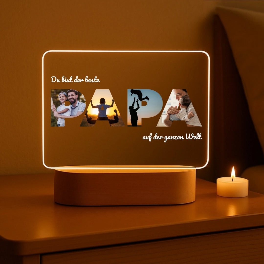 Meilleur Papa - Veilleuse personnalisée avec socle LED en bois, format paysage (20x16)