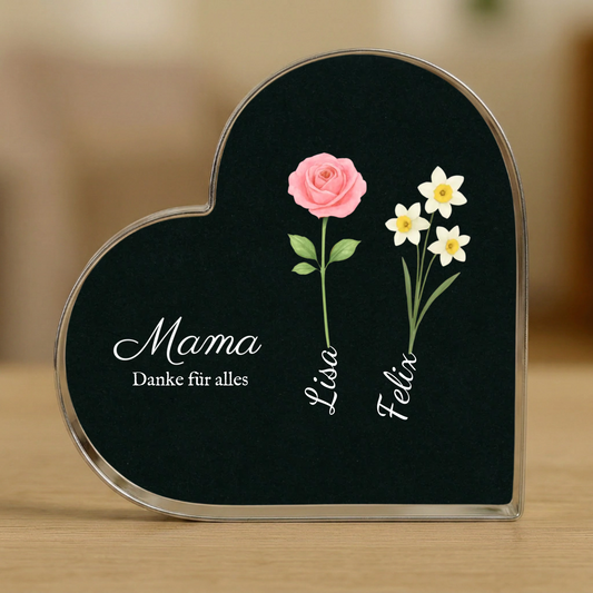 Mama Flower Heart - Coeur personnalisé en verre acrylique (15x15)