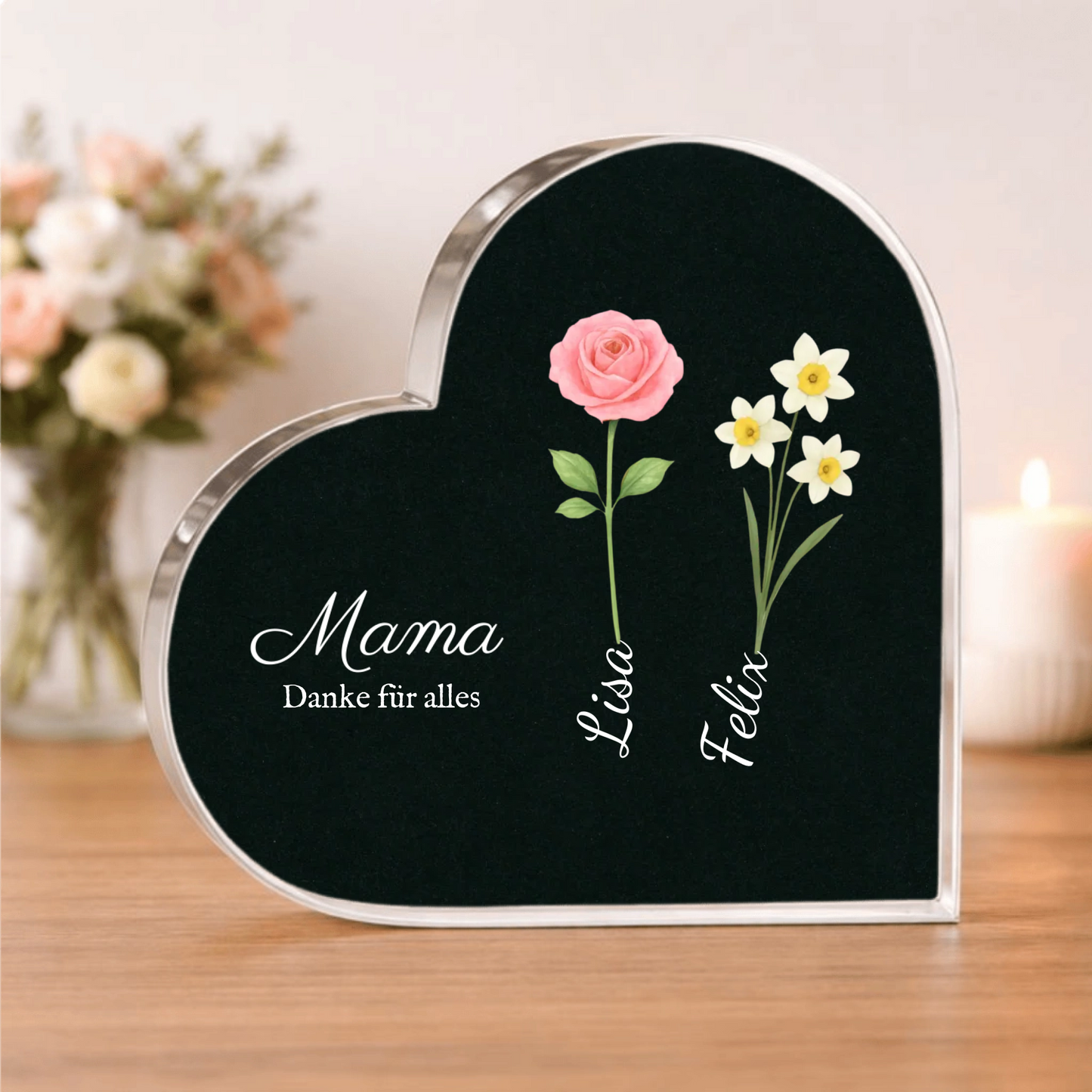 Mama Blumen-Herz - Personalisiertes Herz aus Acrylglas (15x15)