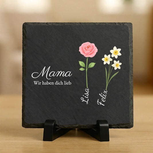 Mama Geschenk mit Blumen und Namen - Personalisierte Schieferplatte (15x15)