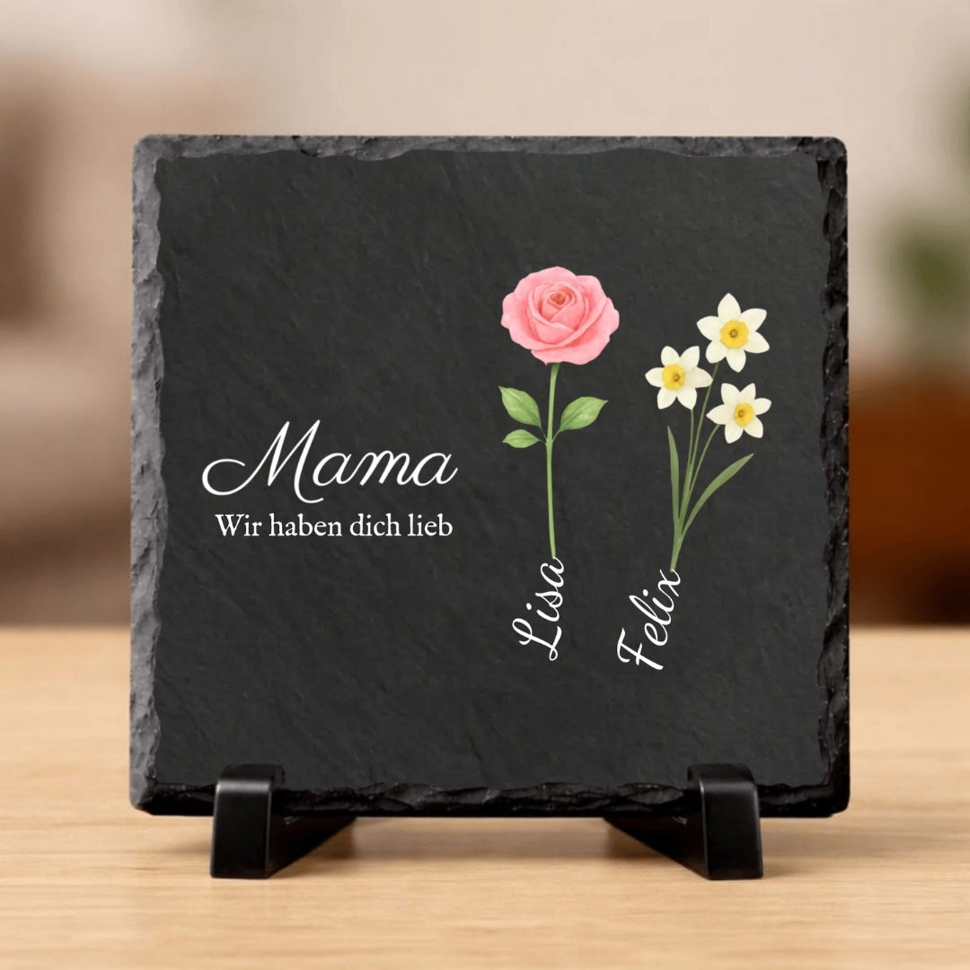 Cadeau maman avec fleurs et nom - Assiette en ardoise personnalisée (15x15)