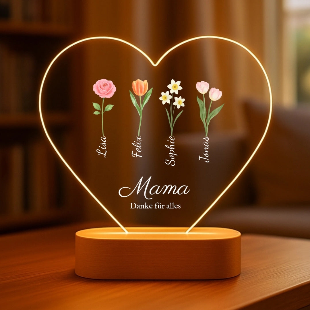 Mama Geschenk mit Blumen und Namen Personalisiertes Herz-Nachtlicht mit LED-Holzfuß (16x15)