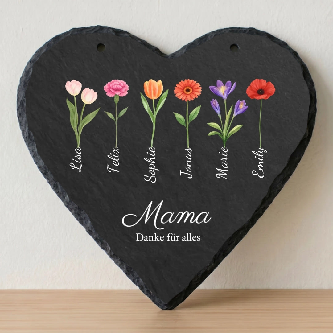 Mama Geschenk mit Blumen und Namen - Personalisiertes Schieferherz (18x18)