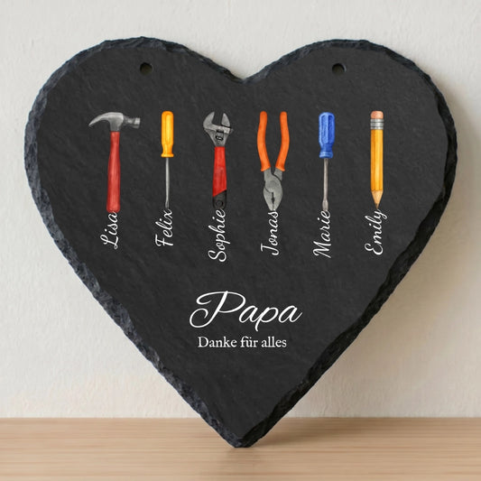 Papa Geschenk mit Werkzeug und Namen - Personalisiertes Schieferherz (18x18)