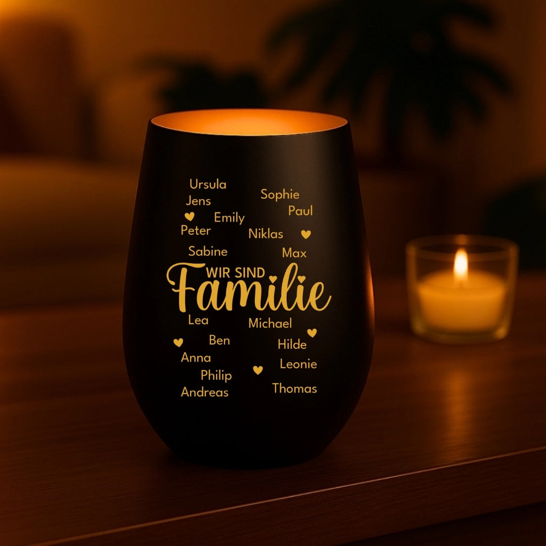 Wir sind Familie - Personalisiertes Windlicht mit Namen deiner Liebsten
