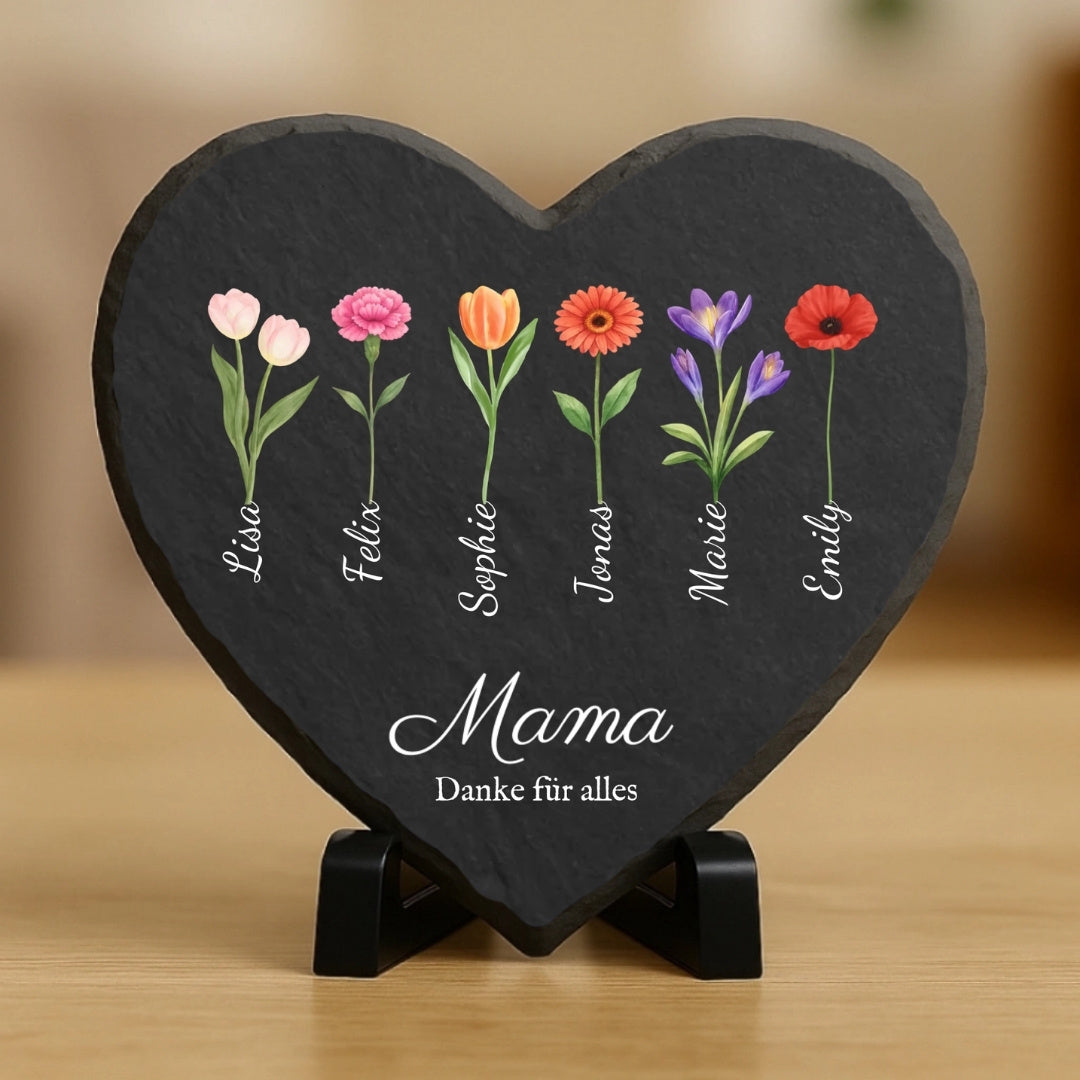 Mama Geschenk mit Blumen und Namen - Personalisiertes Schieferherz (15x15)
