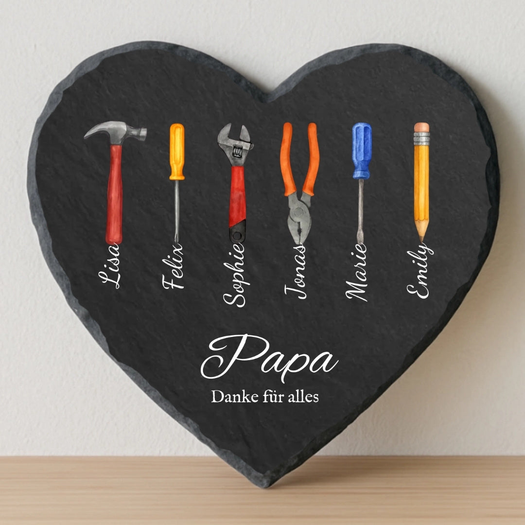 Papa Geschenk mit Werkzeug und Namen - Personalisiertes Schieferherz (15x15)