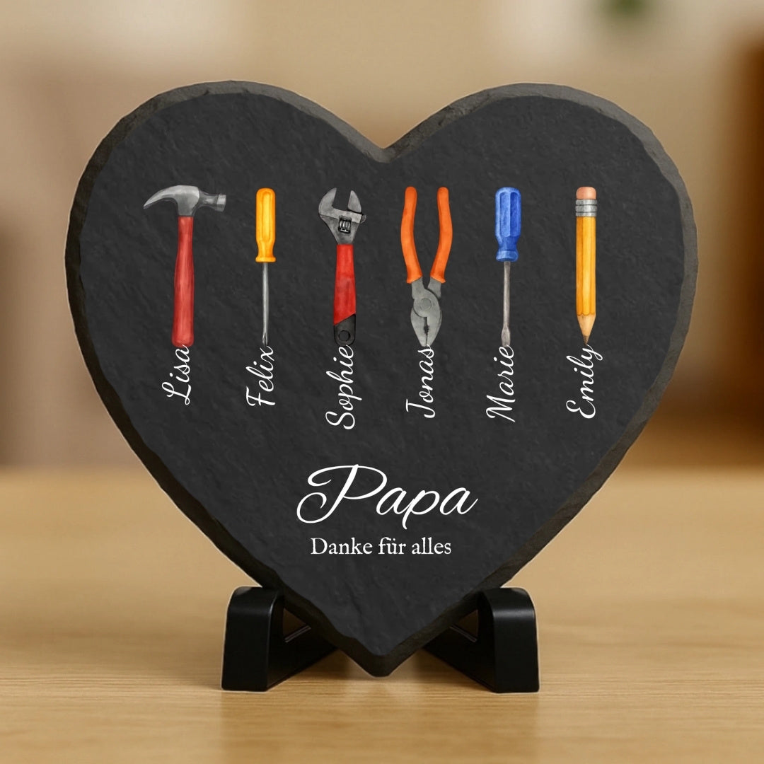 Papa Geschenk mit Werkzeug und Namen - Personalisiertes Schieferherz (15x15)