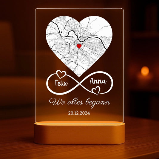 Wo alles begann - Personalisiertes Unendlichkeits-Nachtlicht mit LED-Holzfuß (14x20)