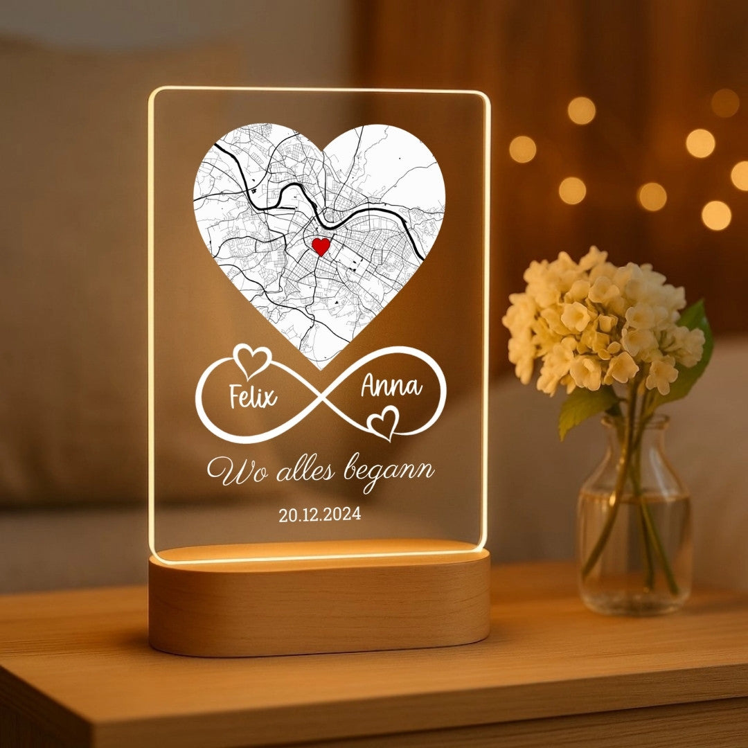 Wo alles begann - Personalisiertes Unendlichkeits-Nachtlicht mit LED-Holzfuß (14x20)