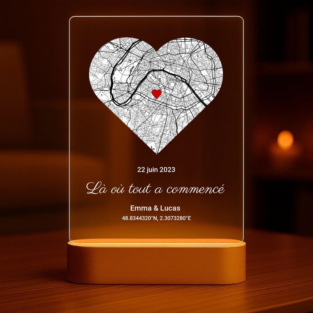 Là où tout a commencé – Veilleuse LED personnalisée avec socle en bois (14×20)