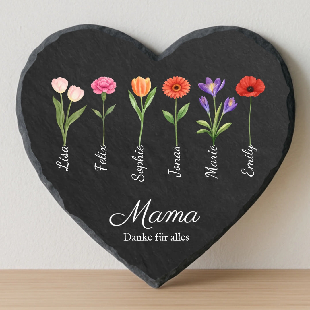 Mama Geschenk mit Blumen und Namen - Personalisiertes Schieferherz (20x20)