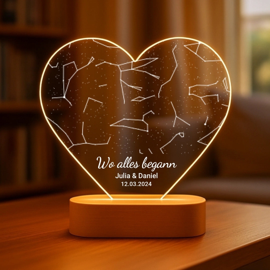 Wo alles begann - Personalisiertes Herz-Nachtlicht mit Sternenhimmel (16x15)