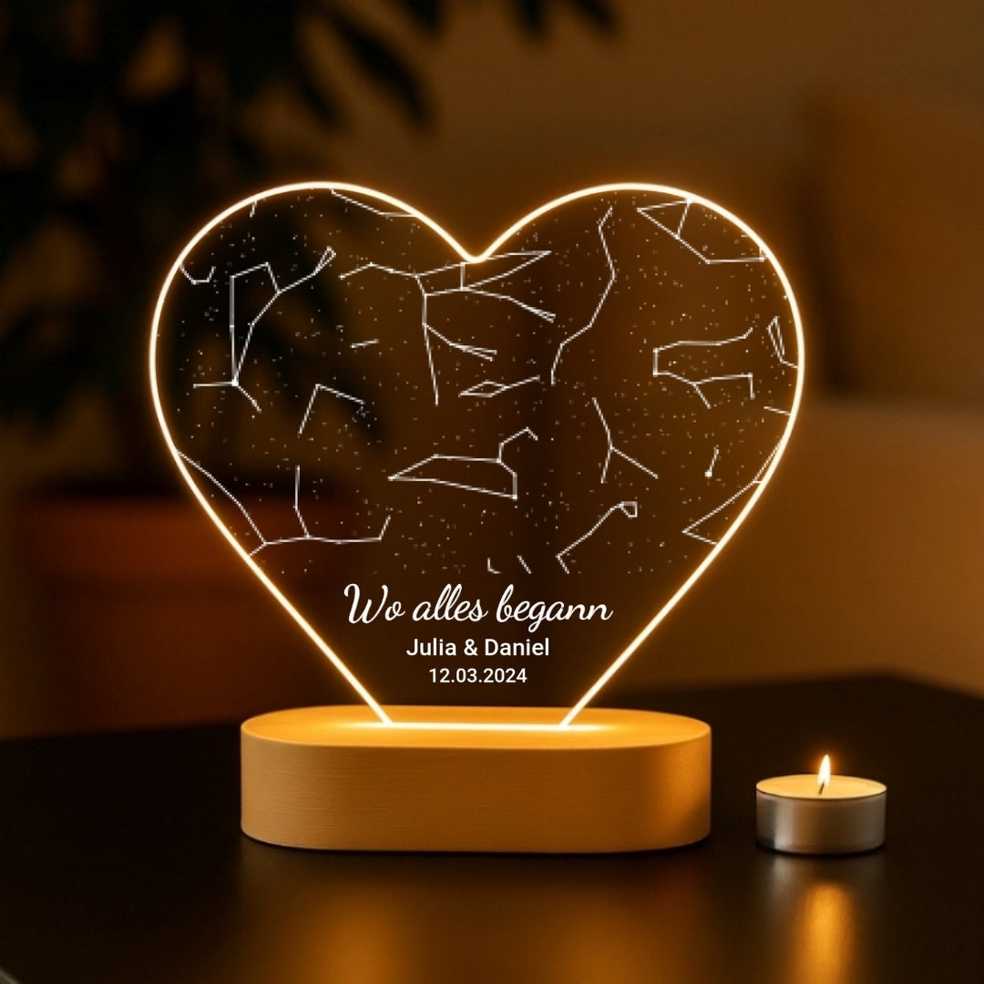 Wo alles begann - Personalisiertes Herz-Nachtlicht mit Sternenhimmel (16x15)