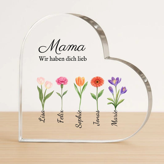 Cadeau maman avec fleurs et nom - Coeur personnalisé en verre acrylique (15x15)