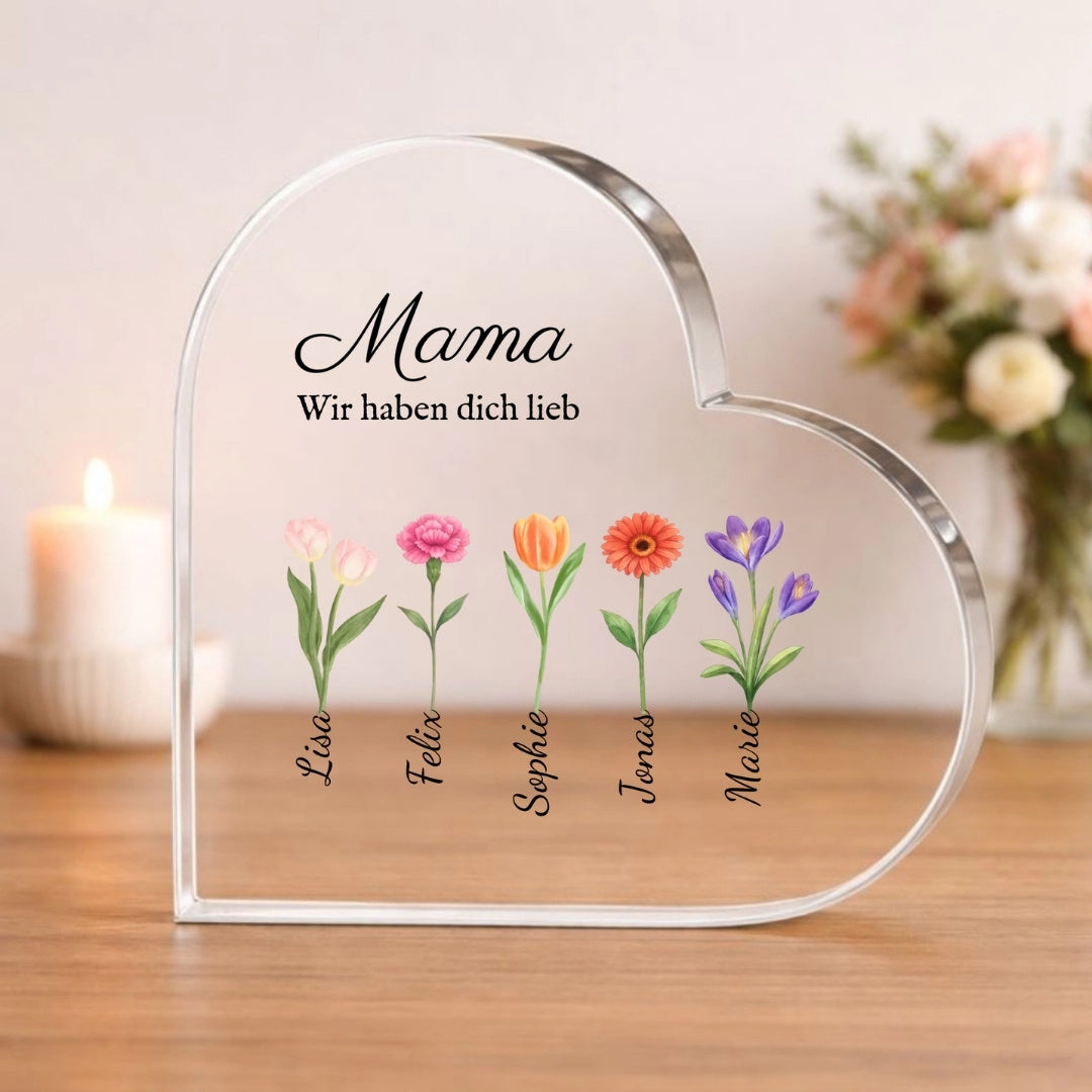 Mama Geschenk mit Blumen und Namen - Personalisiertes Herz aus Acrylglas (15x15)
