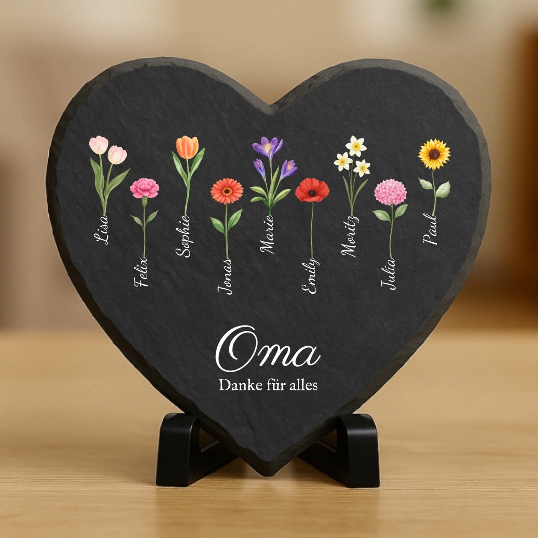 Cadeau grand-mère avec fleurs et nom - Coeur en ardoise personnalisé (20x20)