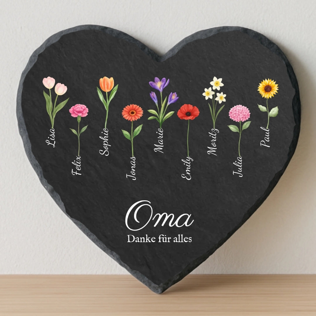 Cadeau grand-mère avec fleurs et nom - Coeur en ardoise personnalisé (20x20)