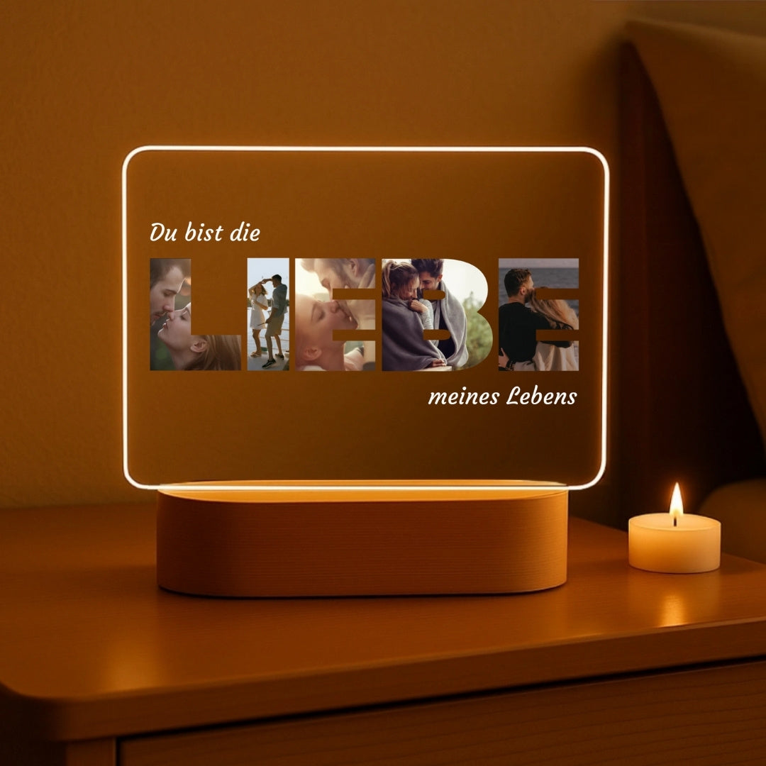 Liebe meines Lebens - Personalisiertes Nachtlicht mit LED-Holzfuß (20x16)