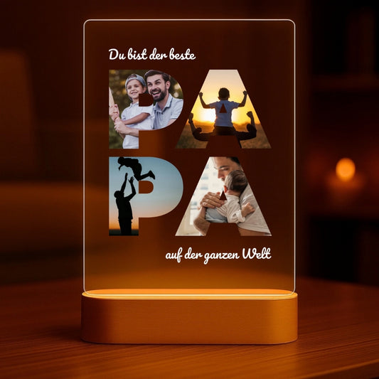 Bester Papa - Personalisiertes Nachtlicht mit LED-Holzfuß (14x20)