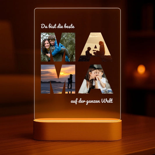 Beste Mama - Personalisiertes Nachtlicht mit LED-Holzfuß (14x20)