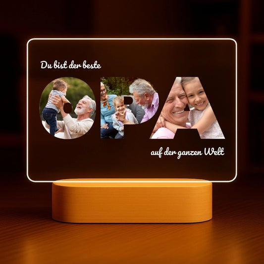 Bester Opa - Personalisiertes Nachtlicht mit LED-Holzfuß (20x16)