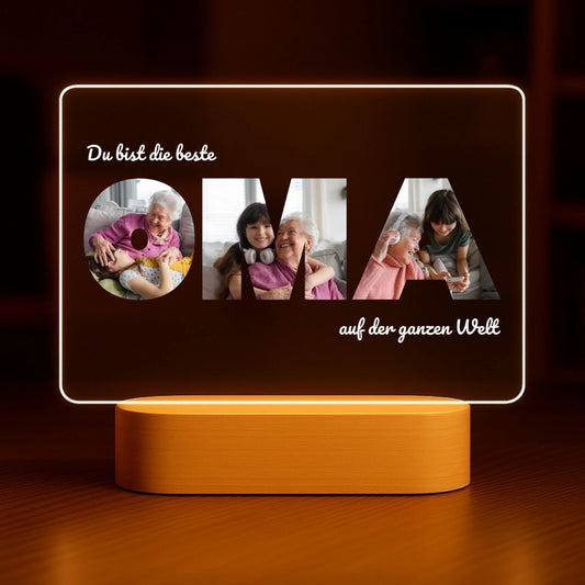 Beste Oma - Personalisiertes Nachtlicht mit LED-Holzfuß (20x16)