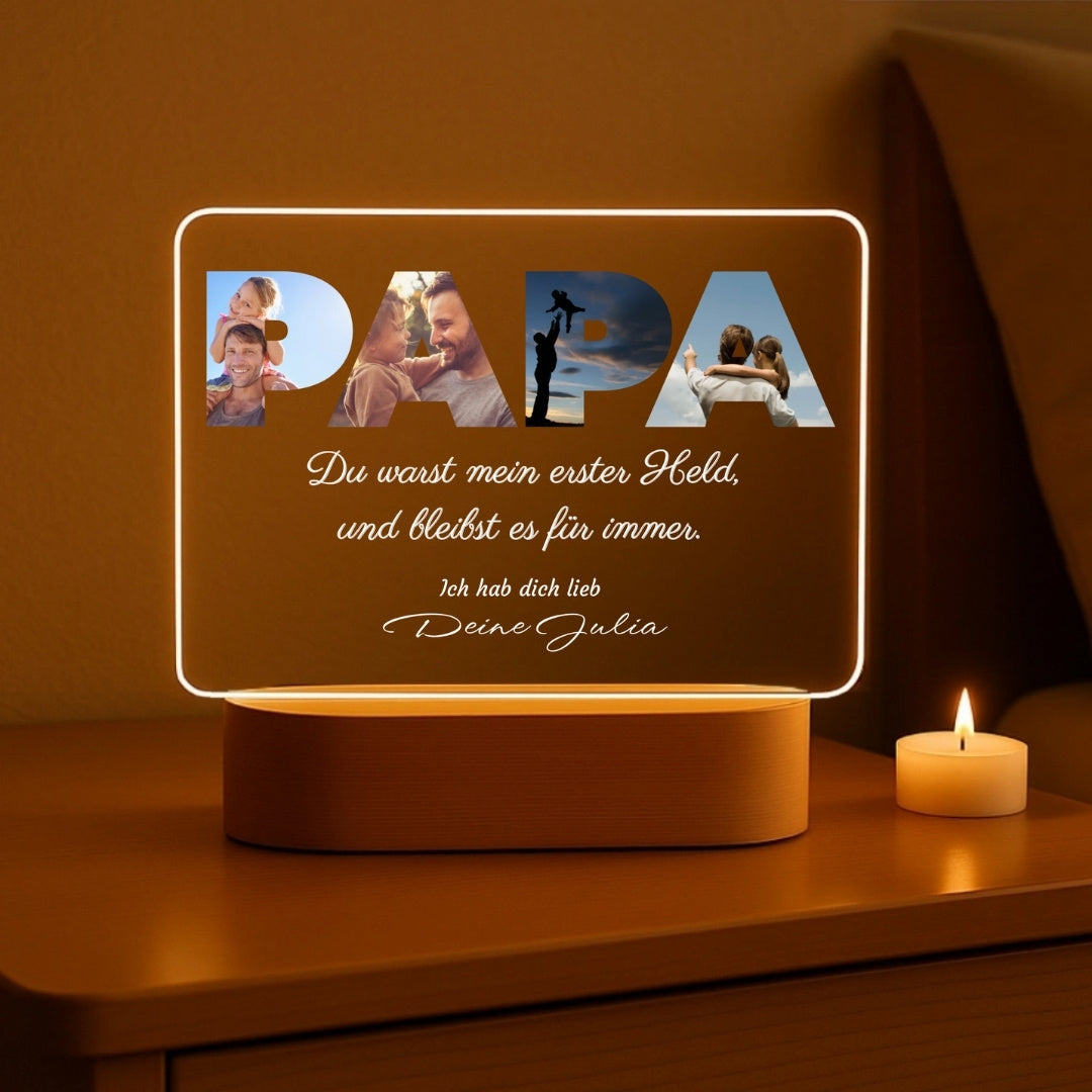 Papa, mon héros - Veilleuse personnalisée avec base en bois LED (20x16)