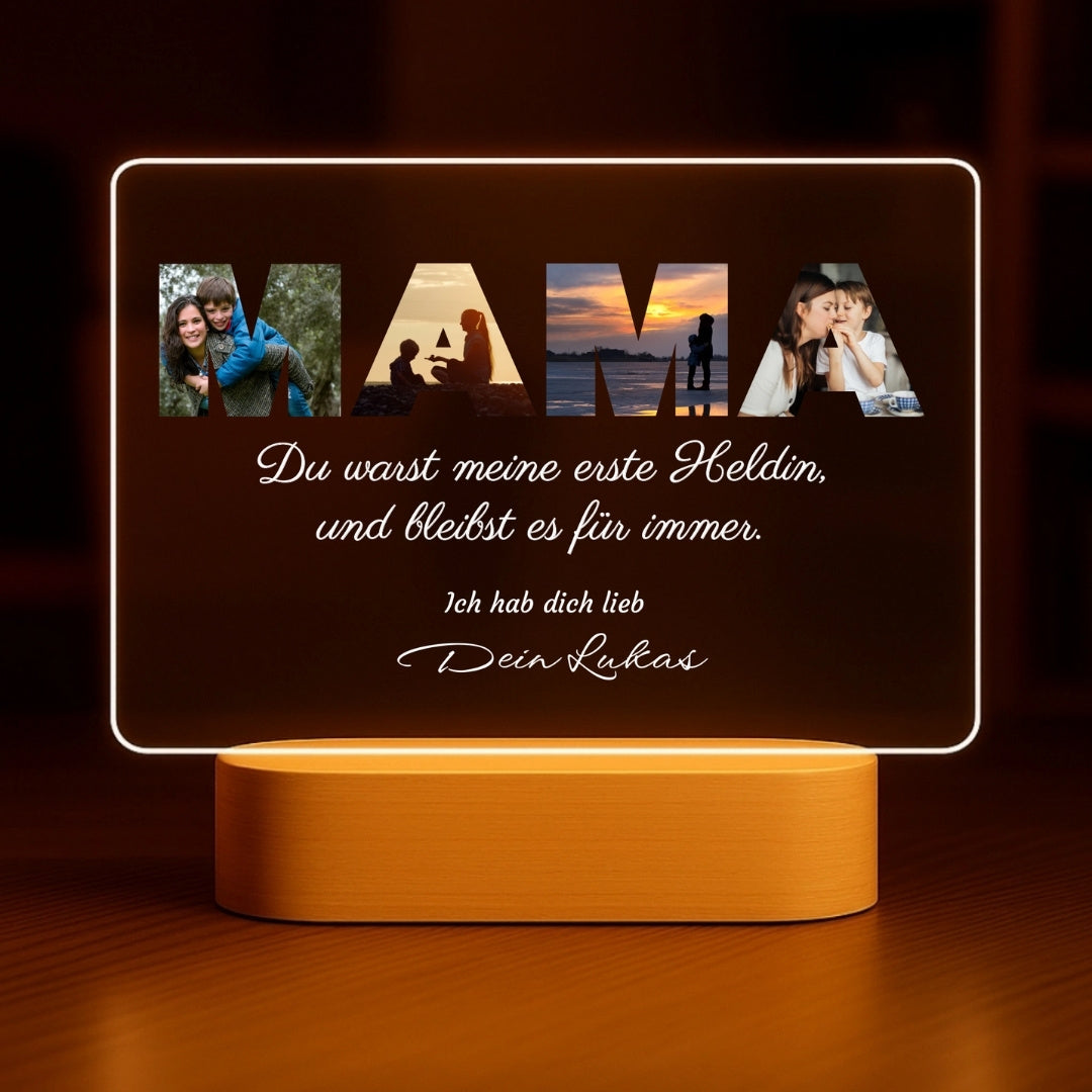 Maman, mon héroïne - Veilleuse personnalisée avec base en bois LED (20x16)