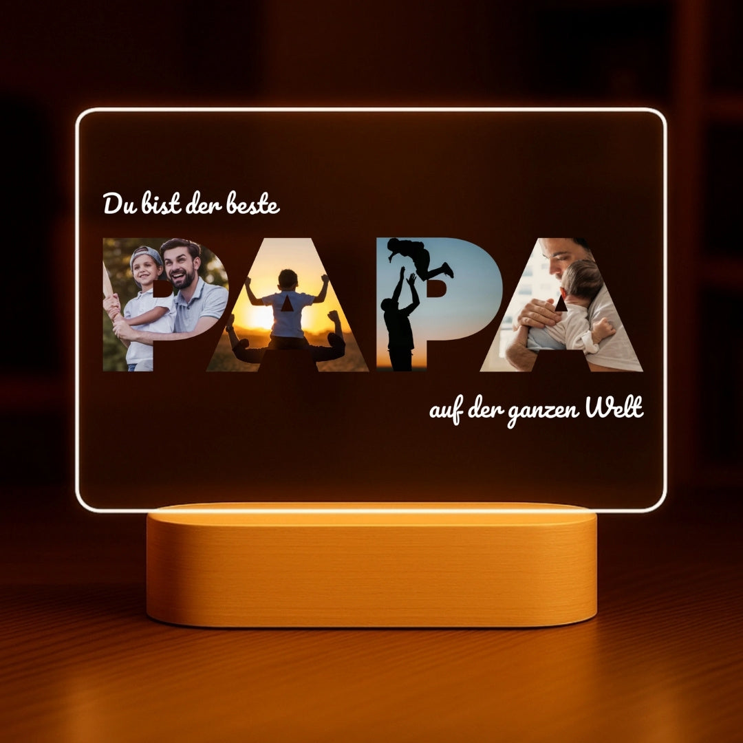 Meilleur Papa - Veilleuse personnalisée avec socle LED en bois, format paysage (20x16)