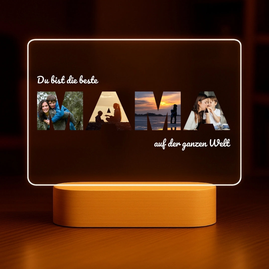 Beste Mama - Personalisiertes Nachtlicht mit LED-Holzfuß Querformat (20x16)