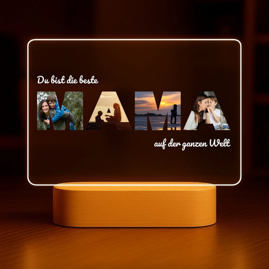 Beste Mama - Personalisiertes Nachtlicht mit LED-Holzfuß Querformat (20x16)