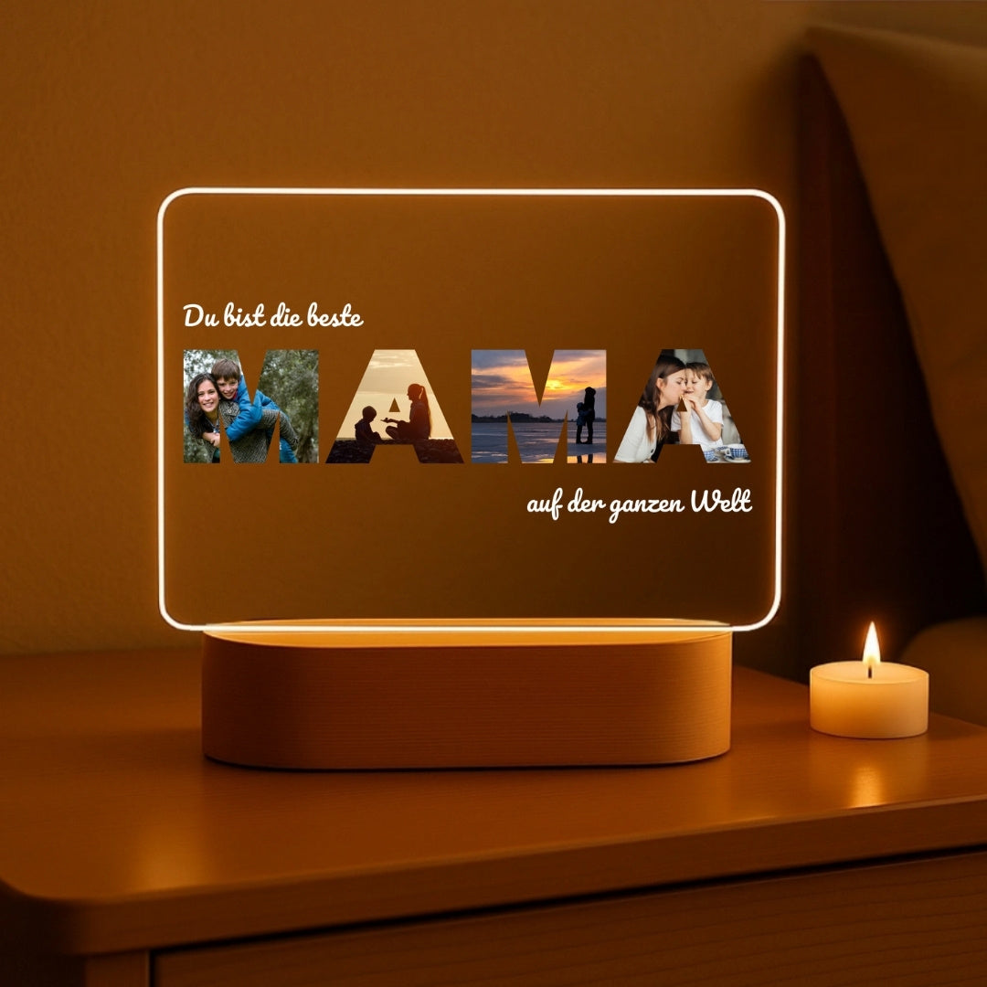 Beste Mama - Personalisiertes Nachtlicht mit LED-Holzfuß Querformat (20x16)