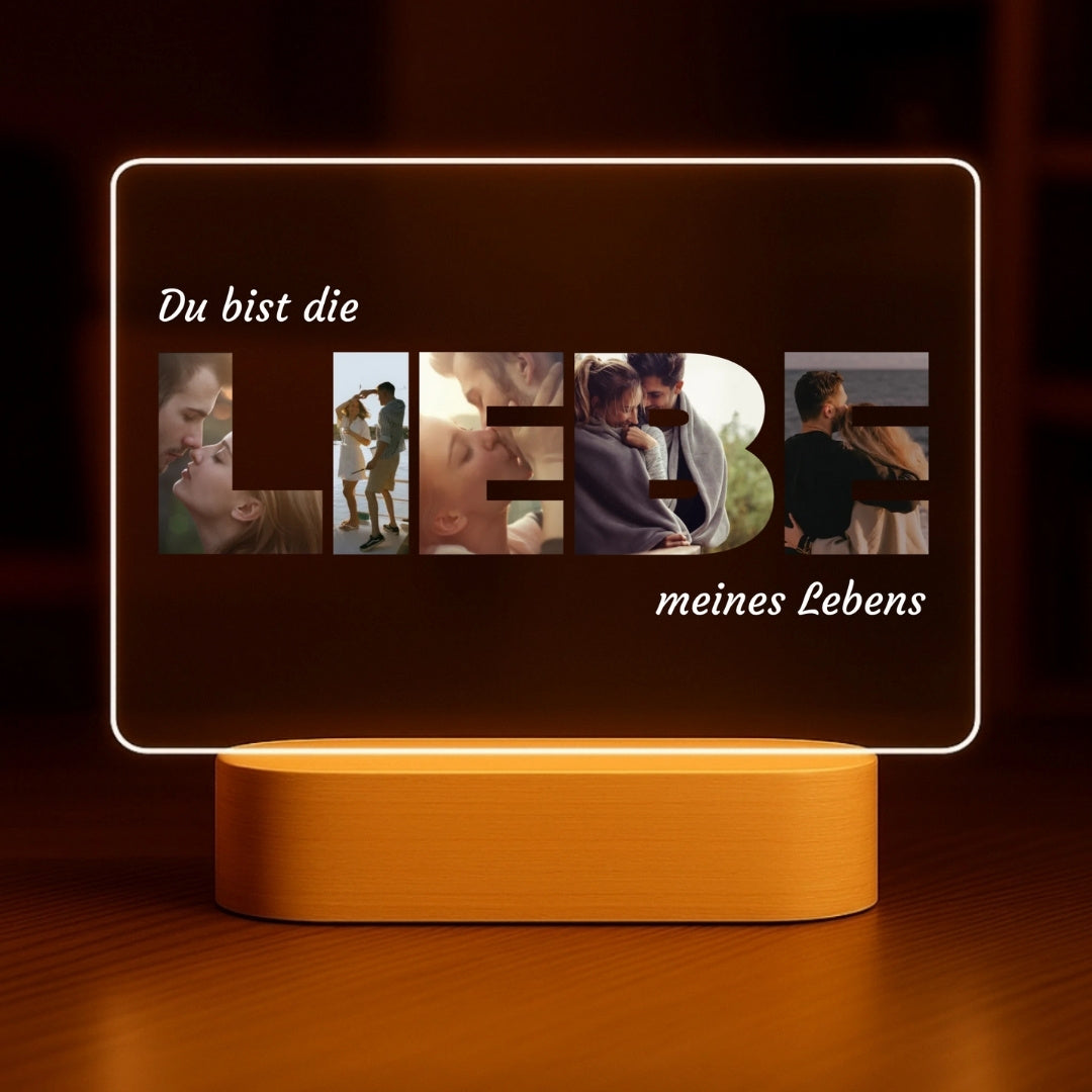 Liebe meines Lebens - Personalisiertes Nachtlicht mit LED-Holzfuß (20x16)